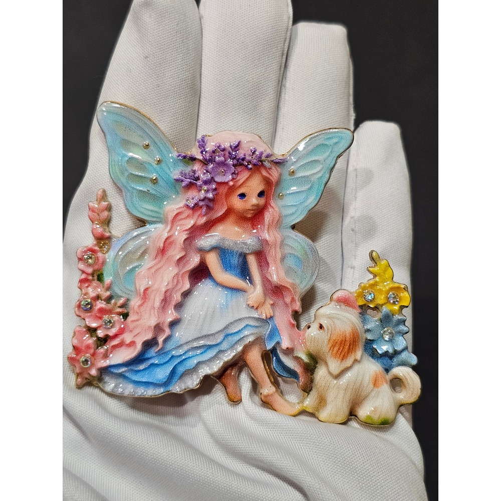 Fairy Enamel Brooch Women Pink Blue Rhinestone Fantasy Whimsical Fairycore